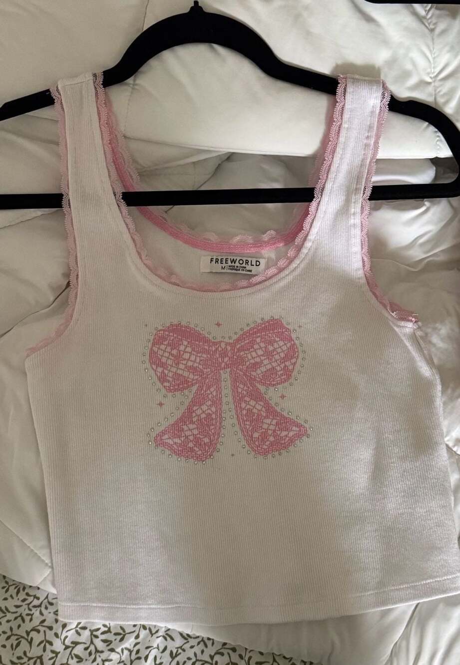 Freeworld Zaylee Pink Bow Rhinestone White Tank Top